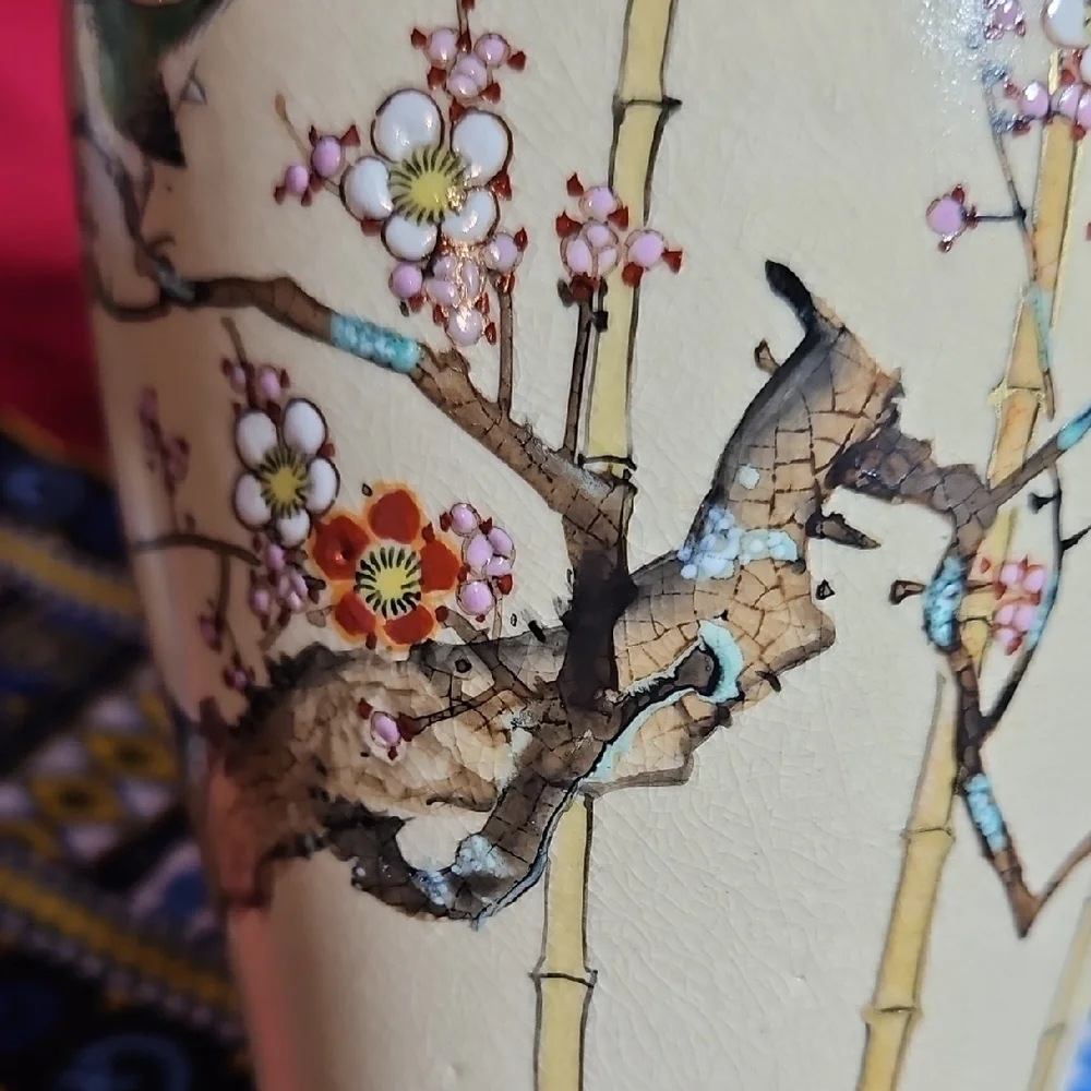 VTG Japanese Shinkozan Satsuma Handpainted Crackle Glaze Vase Birds/Blossoms #1